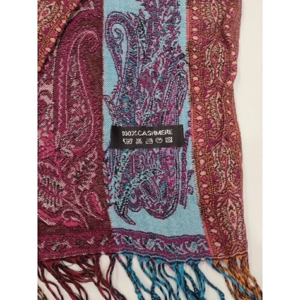Womens 100% Cashmere Pashmina Wrap Multi Colored Paisley Fringe Afghanistan